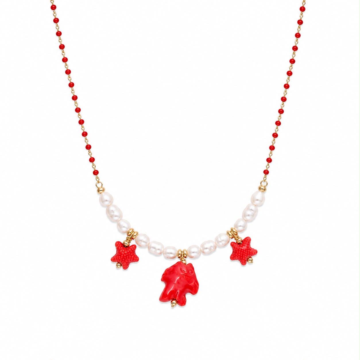 CL PERLINE ROSSE CON PESCI E STELLE CERAMICA CON PERLE DI FIUME