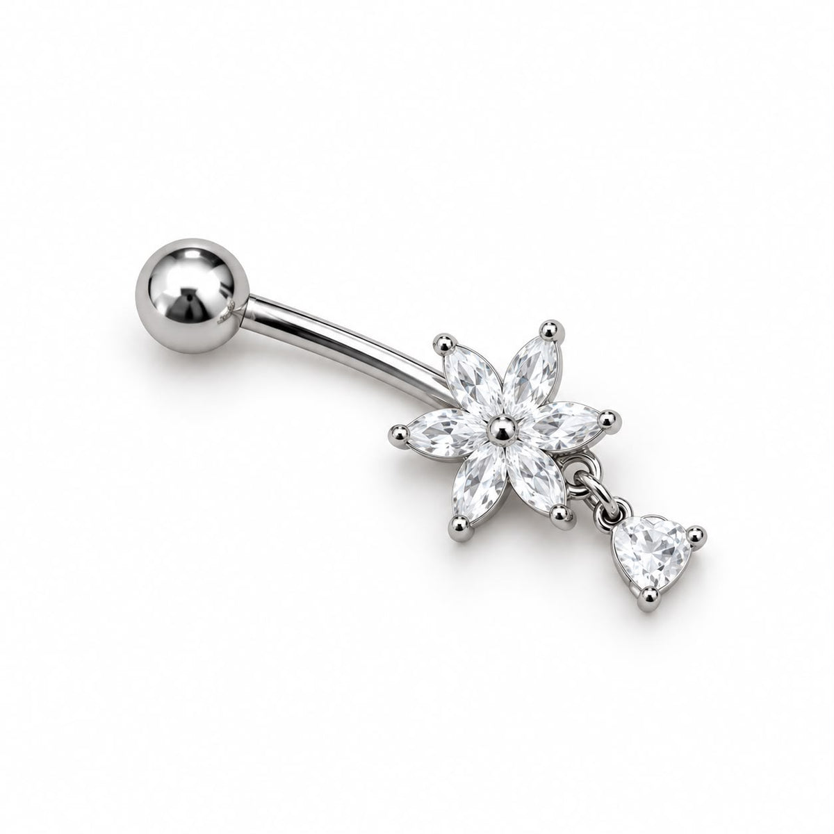 PIERCING OMBELICO FIORE ZIRCONI 2,5 CM, PALLINA 5 MM FIORE 1 CM