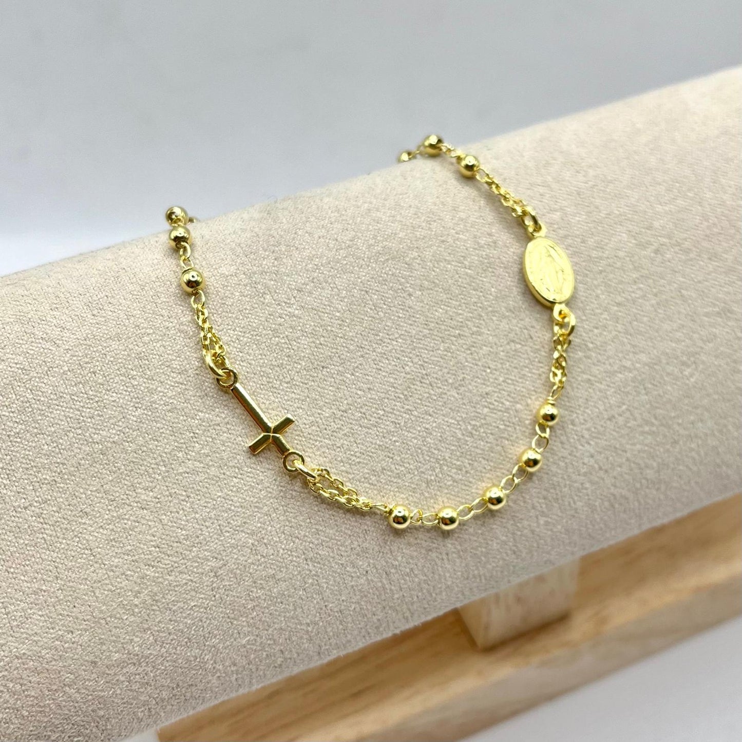 RS BRACCIALE PALLINE 3MM MADONNA E CROCE