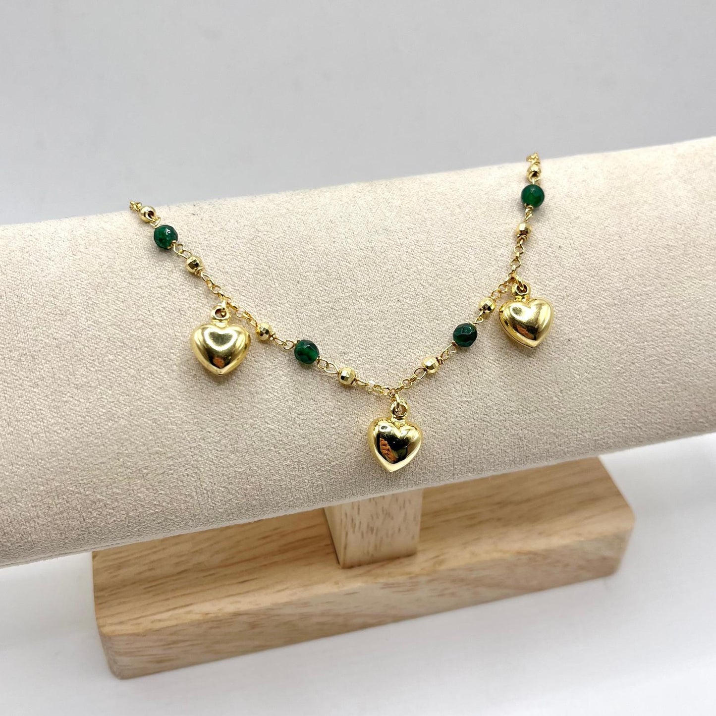 BR PERLINE VERDI E 3 CUORI BOMBATI