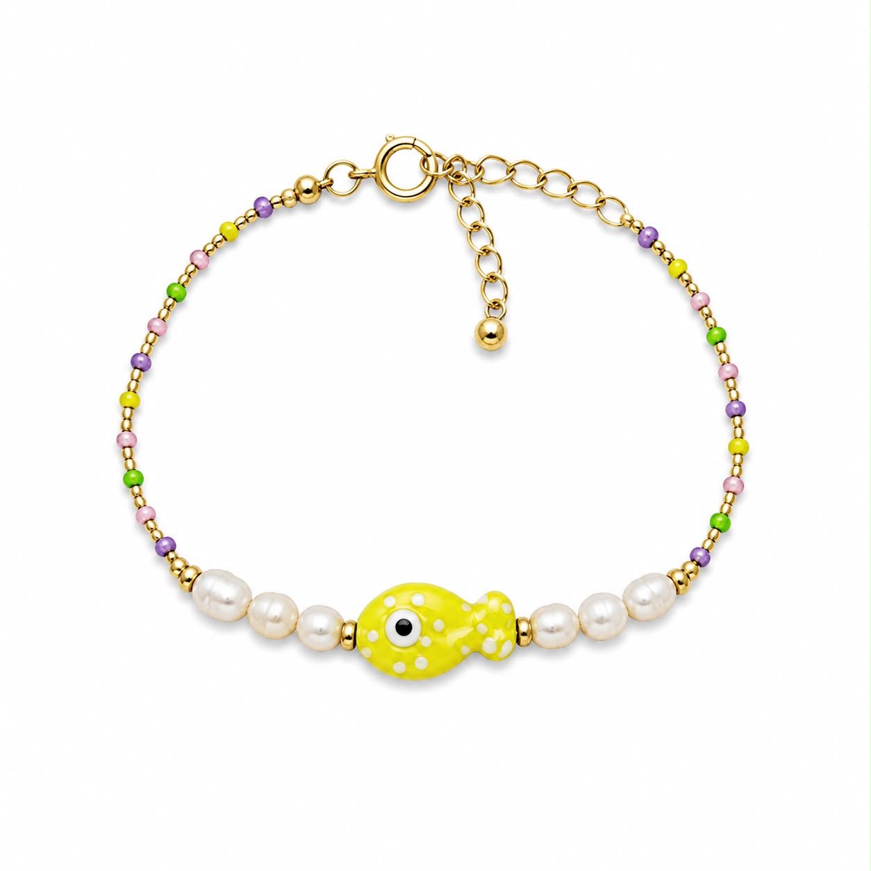 BR PESCE CERAMICA GIALLO, PERLE DI FIUME E PERLINE