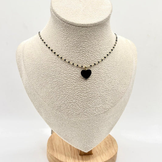 CL PERLINE NERE E CUORE SMALTO NERO