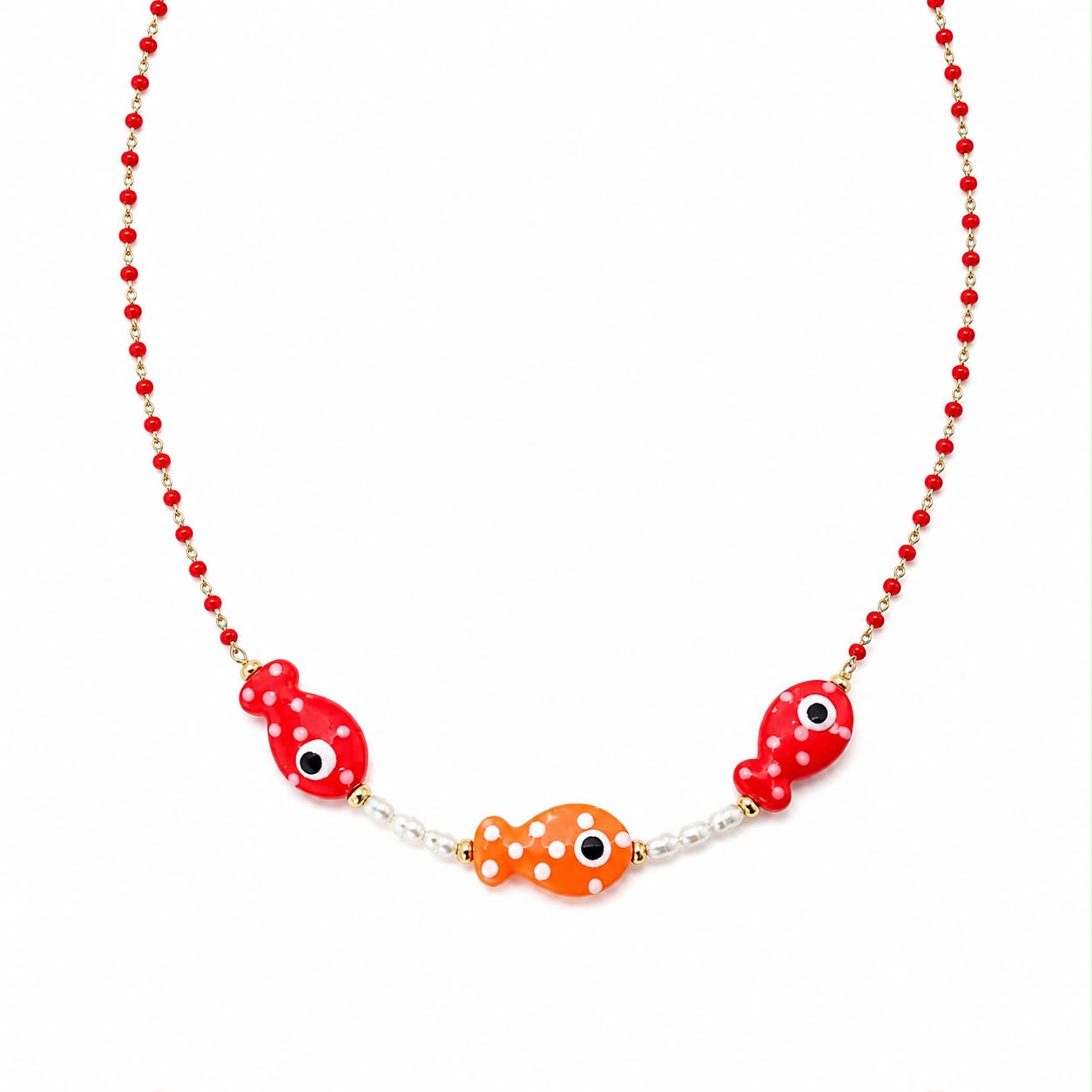 CL PERLINE ROSSE E PESCI ROSSI E ARANCIONI CON PERLE FIUME