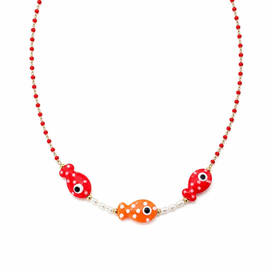 CL PERLINE ROSSE E PESCI ROSSI E ARANCIONI CON PERLE FIUME