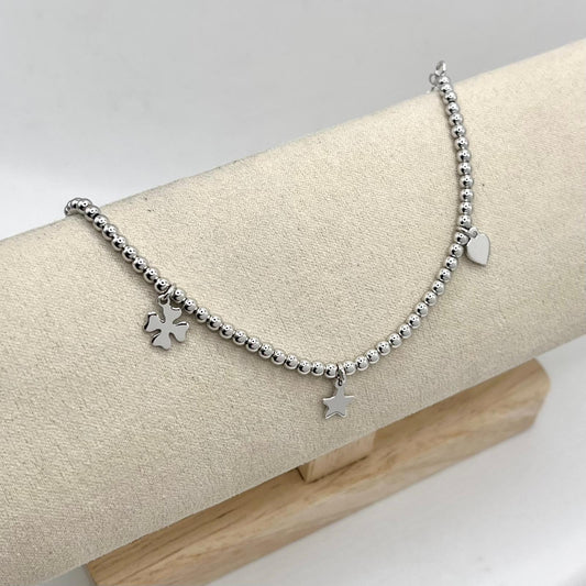 BR PALLINE 3 MM E CHARM CUORE, STELLA, QUADRIFOGLIO